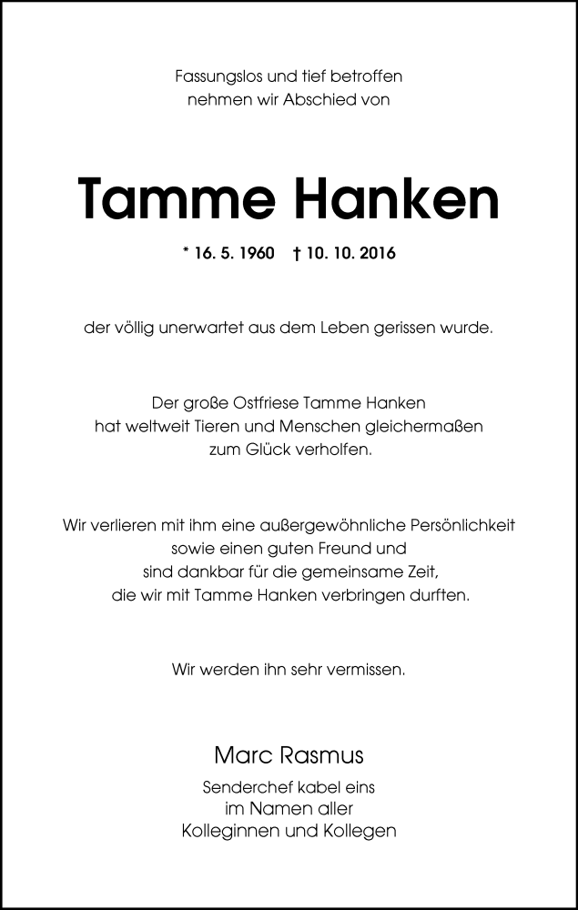  Traueranzeige für Tamme Hanken vom 17.10.2016 aus Nordwest-Zeitung