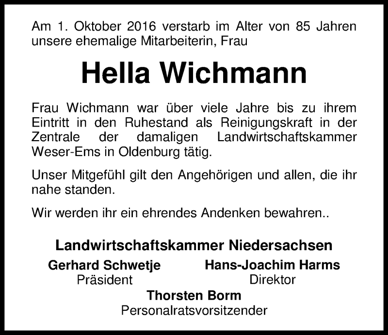  Traueranzeige für Hella Wichmann vom 13.10.2016 aus Nordwest-Zeitung