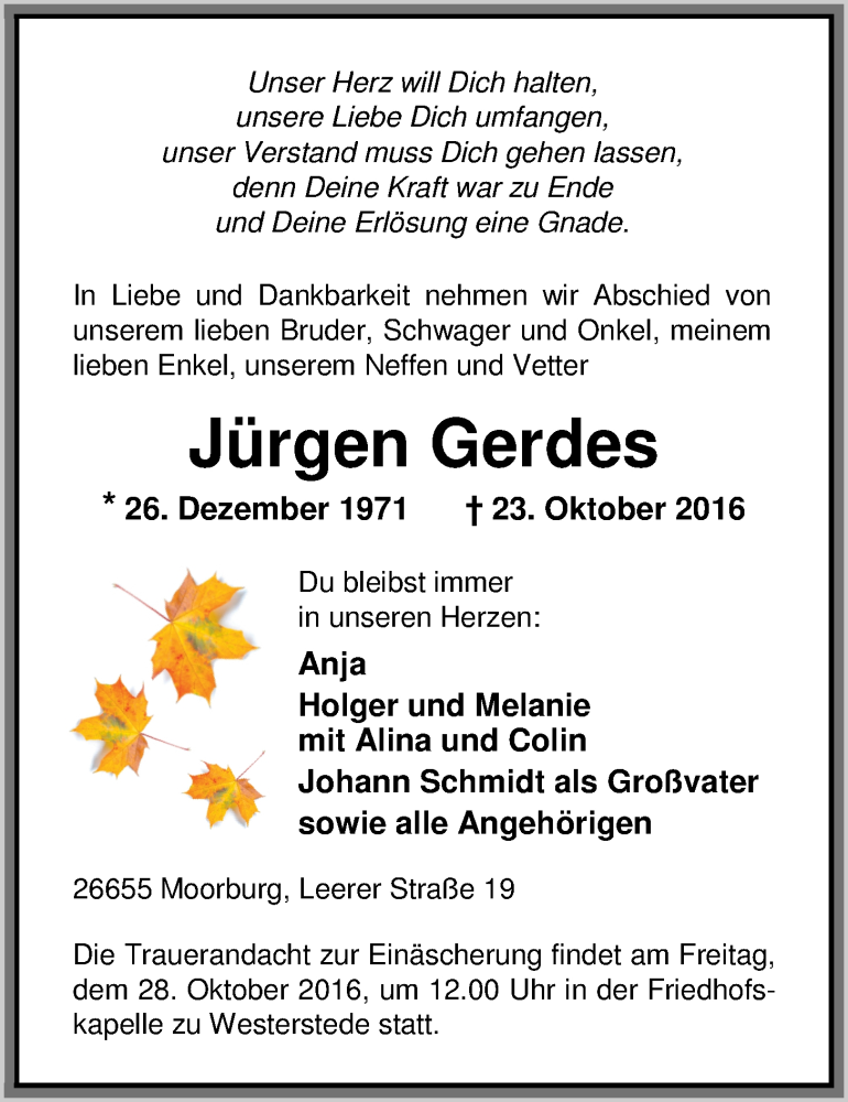  Traueranzeige für Jürgen Gerdes vom 25.10.2016 aus Nordwest-Zeitung