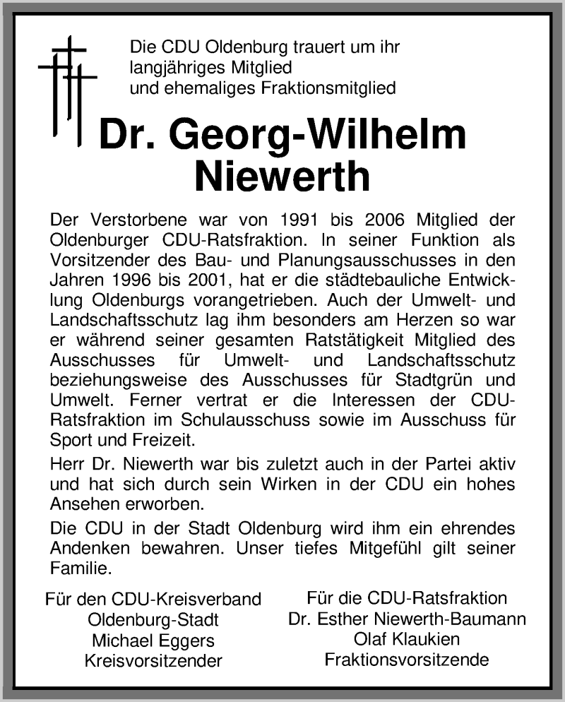 Traueranzeige für Dr. Georg-Wilhelm Niewerth vom 08.10.2016 aus Nordwest-Zeitung