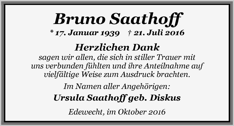  Traueranzeige für Bruno Saathoff vom 22.10.2016 aus Nordwest-Zeitung
