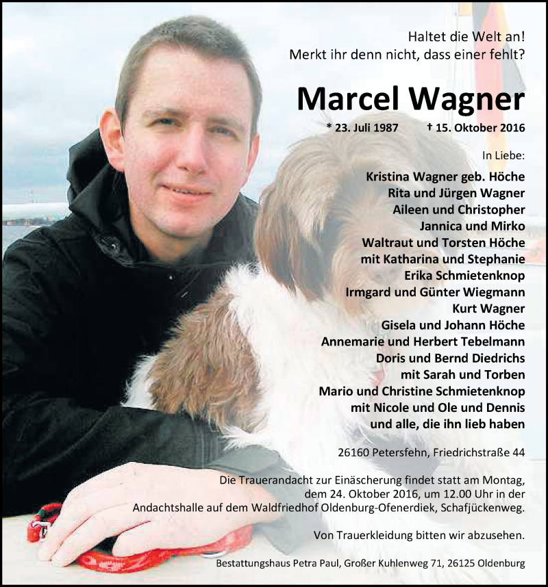  Traueranzeige für Marcel Wagner vom 19.10.2016 aus Nordwest-Zeitung
