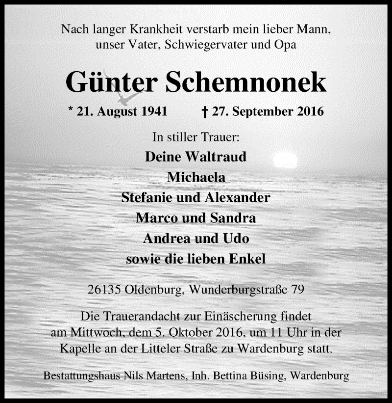  Traueranzeige für Günther Schemnonek vom 01.10.2016 aus Nordwest-Zeitung