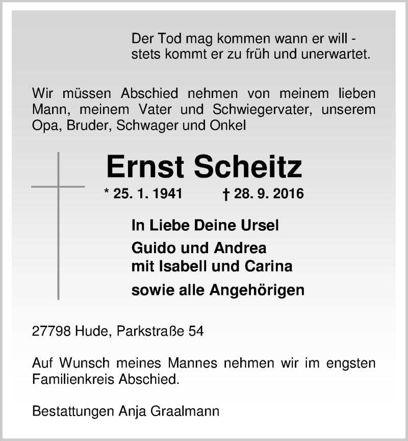  Traueranzeige für Ernst Scheitz vom 01.10.2016 aus Nordwest-Zeitung
