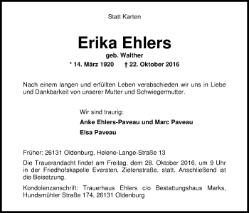 Traueranzeigen Von Erika Ehlers Nordwest Trauer De