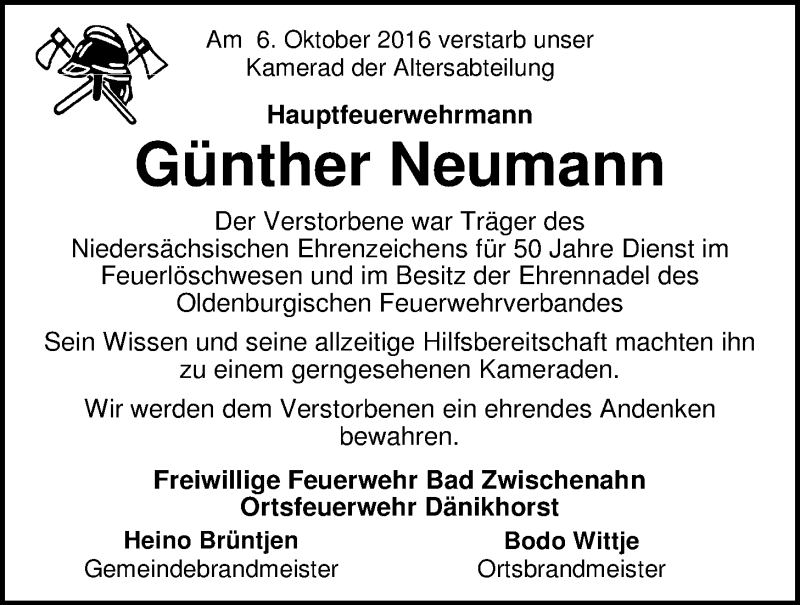  Traueranzeige für Günther Neumann vom 14.10.2016 aus Nordwest-Zeitung