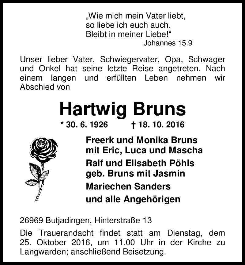  Traueranzeige für Hartwig Bruns vom 20.10.2016 aus Nordwest-Zeitung