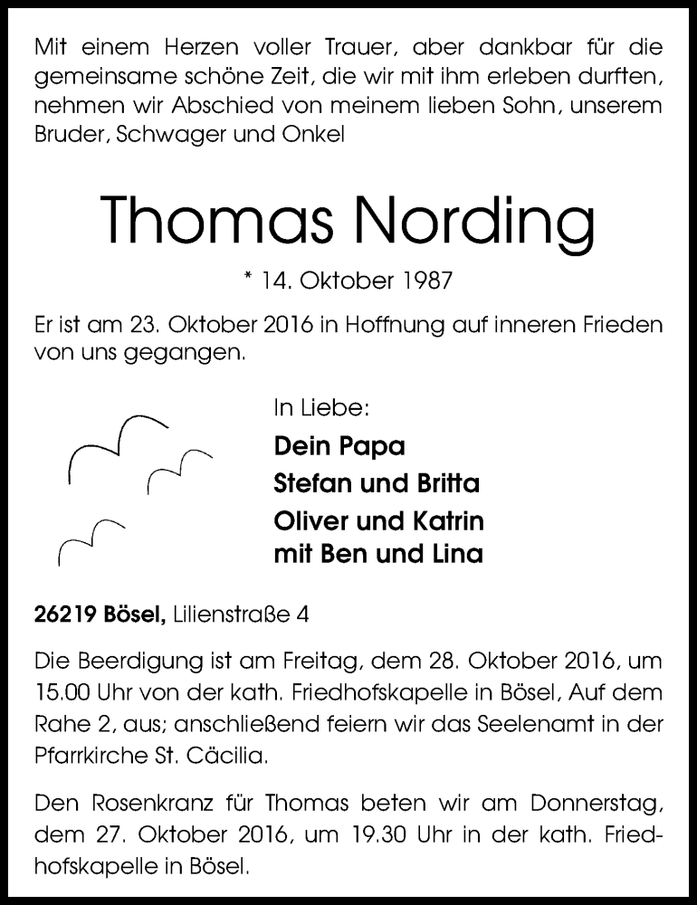  Traueranzeige für Thomas Nording vom 26.10.2016 aus Nordwest-Zeitung