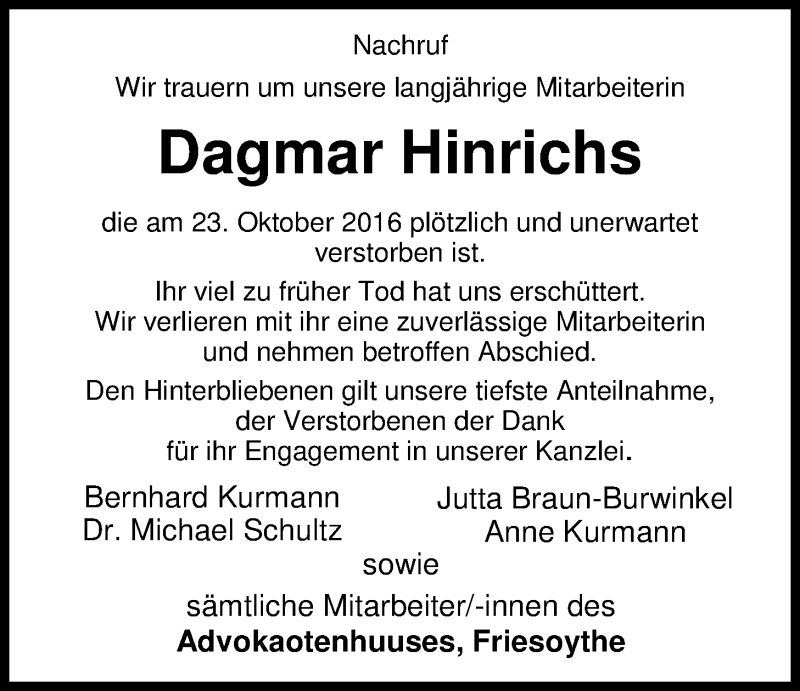  Traueranzeige für Dagmar Hinrichs vom 25.10.2016 aus Nordwest-Zeitung