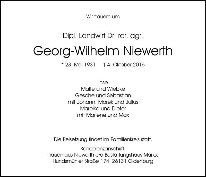  Traueranzeige für Dr. Georg-Wilhelm Niewerth vom 08.10.2016 aus Nordwest-Zeitung