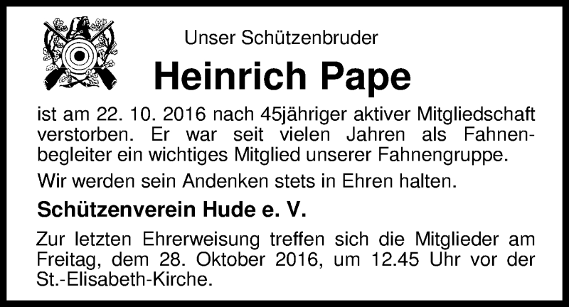  Traueranzeige für Heinrich Pape vom 24.10.2016 aus Nordwest-Zeitung