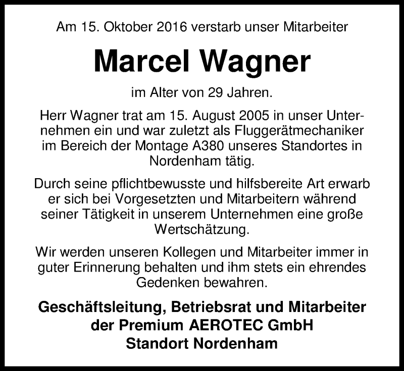  Traueranzeige für Marcel Wagner vom 20.10.2016 aus Nordwest-Zeitung