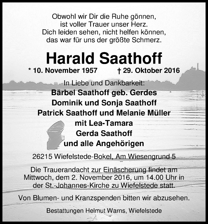  Traueranzeige für Harald Saathoff vom 31.10.2016 aus Nordwest-Zeitung
