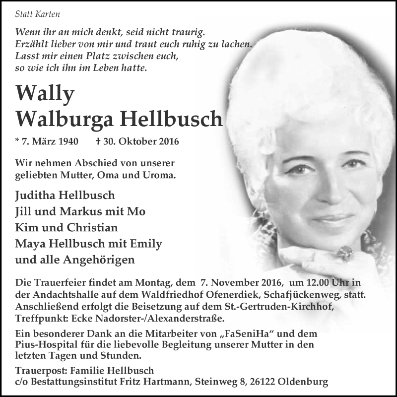  Traueranzeige für Wally Walburga Hellbusch vom 05.11.2016 aus Nordwest-Zeitung
