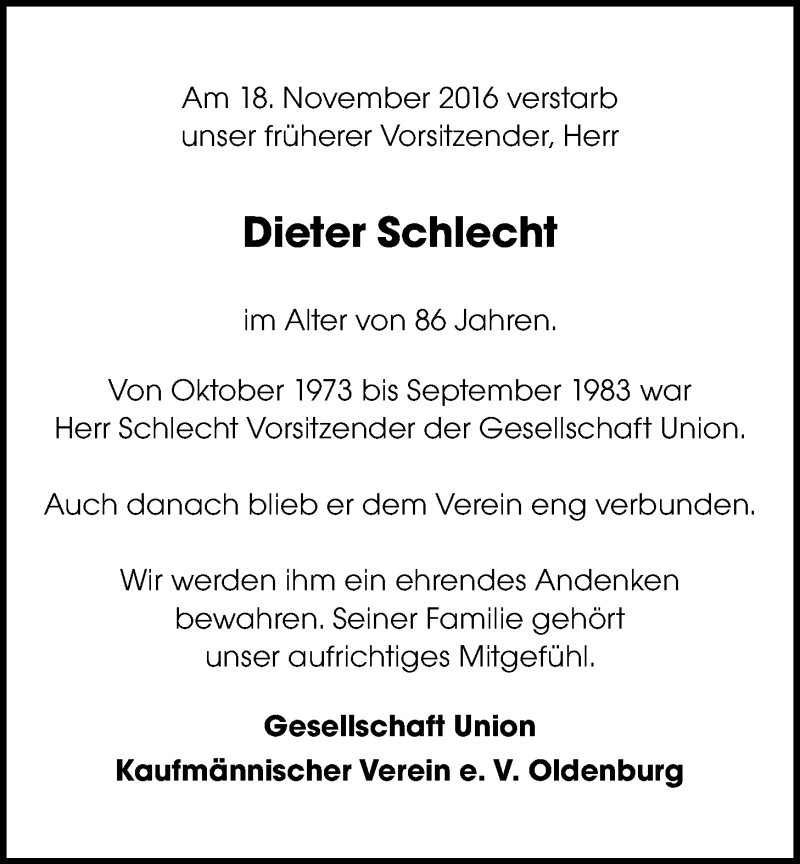  Traueranzeige für Dieter Schlecht vom 26.11.2016 aus Nordwest-Zeitung