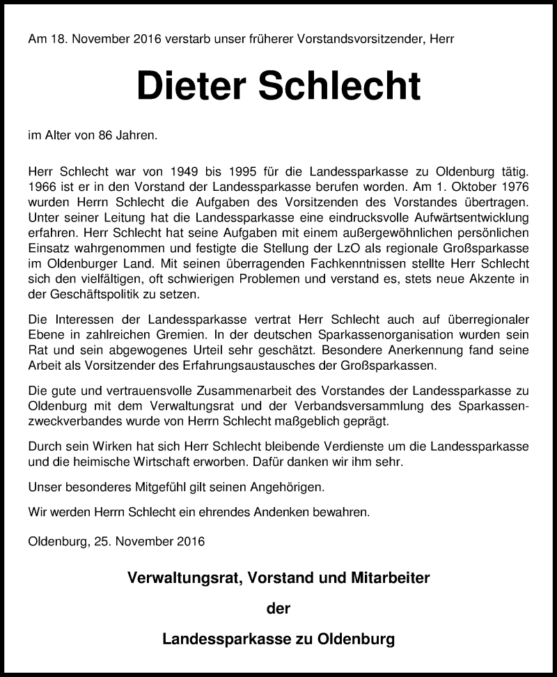  Traueranzeige für Dieter Schlecht vom 25.11.2016 aus Nordwest-Zeitung