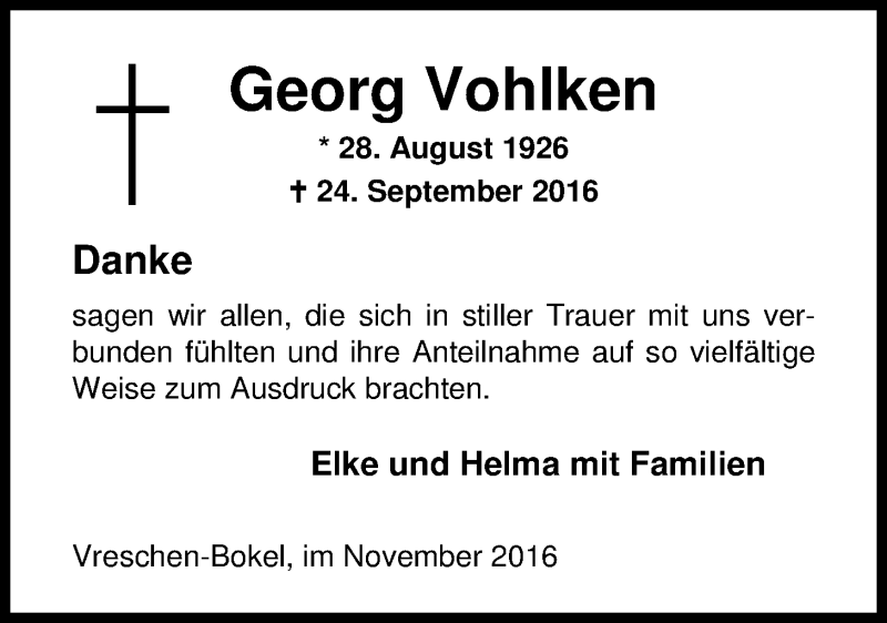  Traueranzeige für Georg Vohlken vom 19.11.2016 aus Nordwest-Zeitung