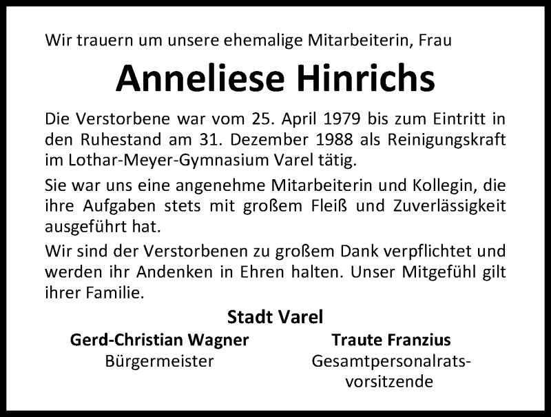 Traueranzeigen Von Anneliese Hinrichs Nordwest Trauer De