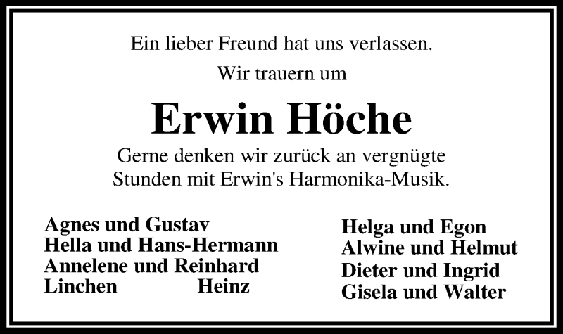  Traueranzeige für Erwin Höche vom 19.11.2016 aus Nordwest-Zeitung