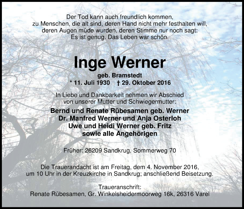 Traueranzeigen Von Inge Werner Nordwest Trauer De