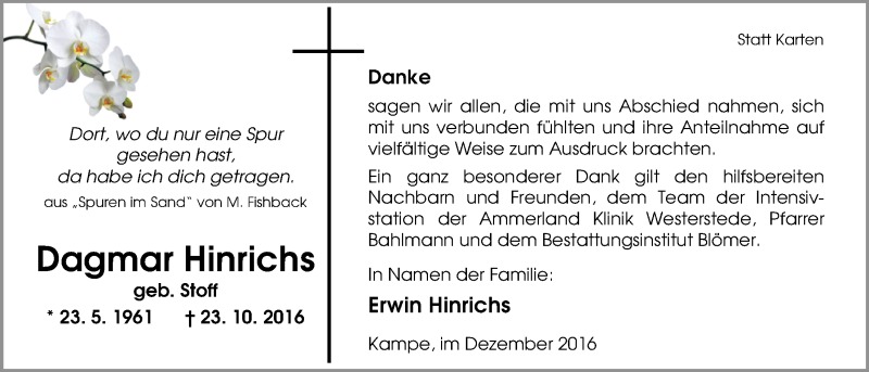 Traueranzeige für Dagmar Hinrichs vom 17.12.2016 aus Nordwest-Zeitung