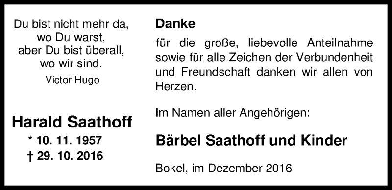  Traueranzeige für Harald Saathoff vom 05.12.2016 aus Nordwest-Zeitung