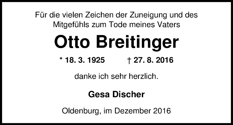  Traueranzeige für Otto Breitinger vom 20.12.2016 aus Nordwest-Zeitung