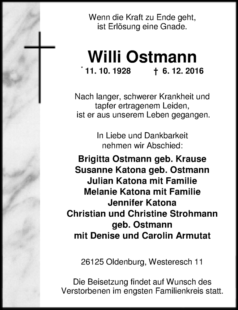  Traueranzeige für Willi Ostmann vom 10.12.2016 aus Nordwest-Zeitung