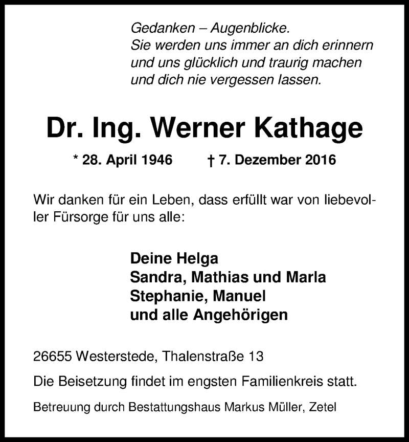  Traueranzeige für Werner Kathage vom 10.12.2016 aus Nordwest-Zeitung