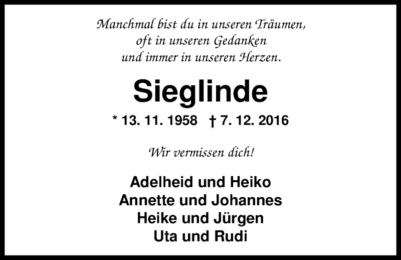  Traueranzeige für Sieglinde Heusel vom 10.12.2016 aus Nordwest-Zeitung