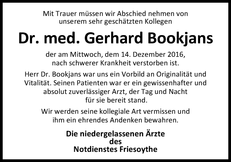  Traueranzeige für Gerhard Bookjans vom 17.12.2016 aus Nordwest-Zeitung
