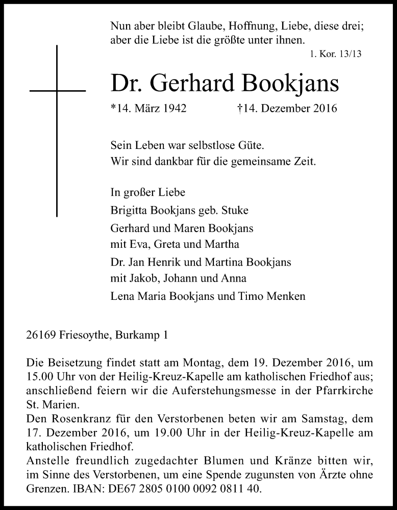  Traueranzeige für Gerhard Bookjans vom 16.12.2016 aus Nordwest-Zeitung