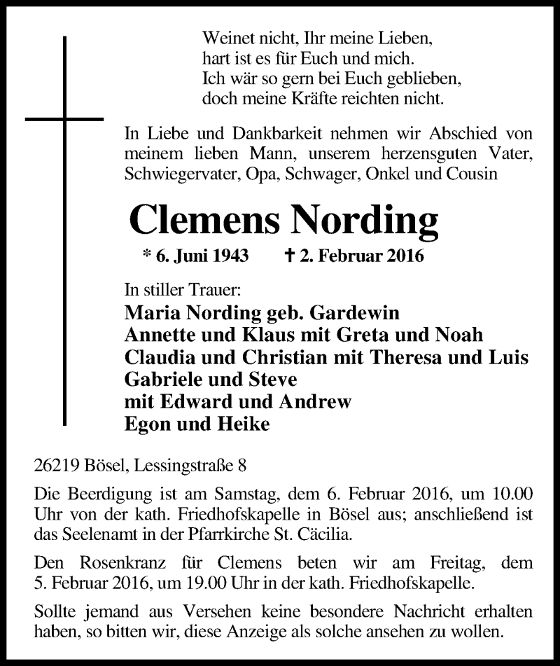  Traueranzeige für Clemens Nording vom 04.02.2016 aus Nordwest-Zeitung