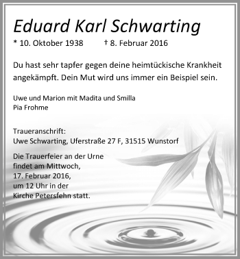 Traueranzeigen Von Eduard Karl Schwarting Nordwest Trauer De