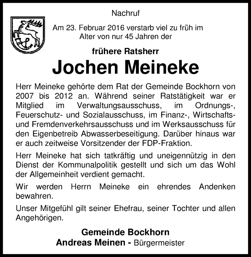  Traueranzeige für Jochen Meineke vom 26.02.2016 aus Nordwest-Zeitung