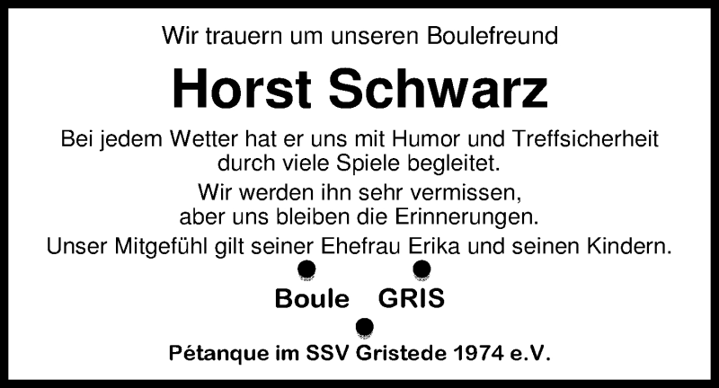  Traueranzeige für Horst Schwarz vom 08.02.2016 aus Nordwest-Zeitung