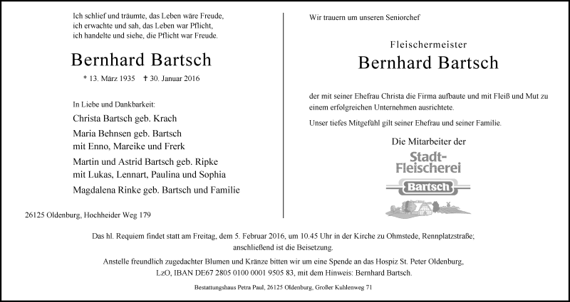  Traueranzeige für Bernhard Bartsch vom 03.02.2016 aus Nordwest-Zeitung