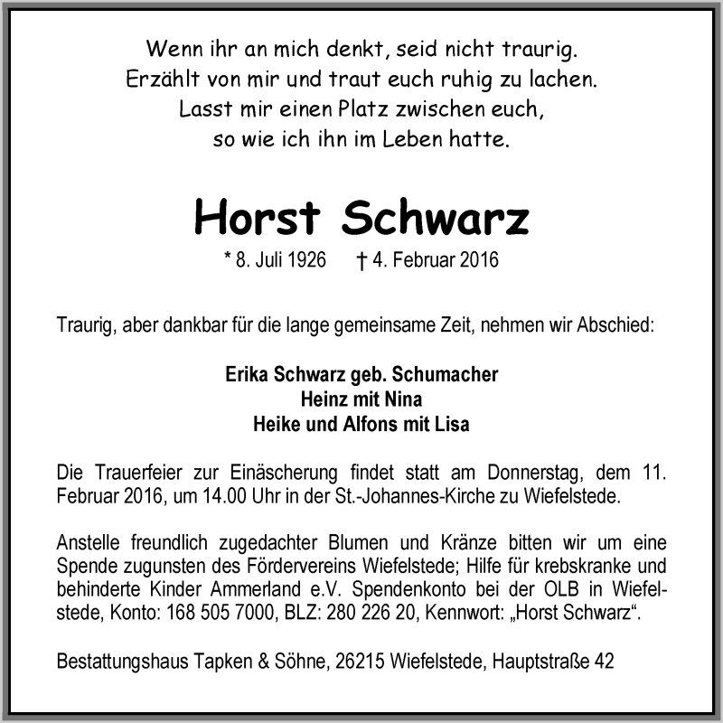 Traueranzeige für Horst Schwarz vom 08.02.2016 aus Nordwest-Zeitung