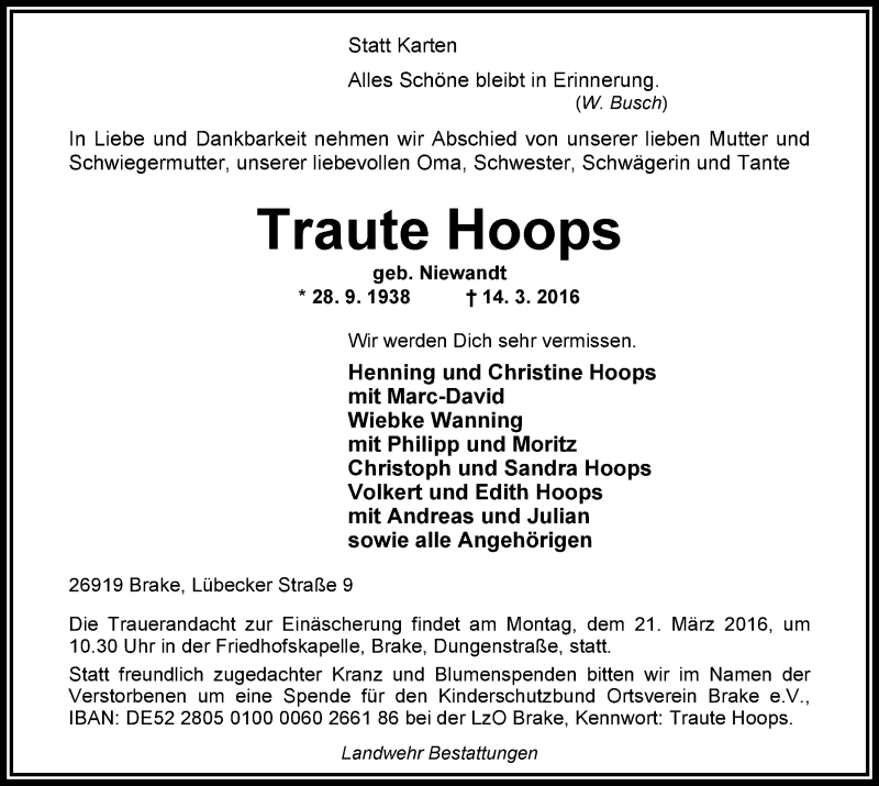  Traueranzeige für Traute Hoops vom 16.03.2016 aus Nordwest-Zeitung