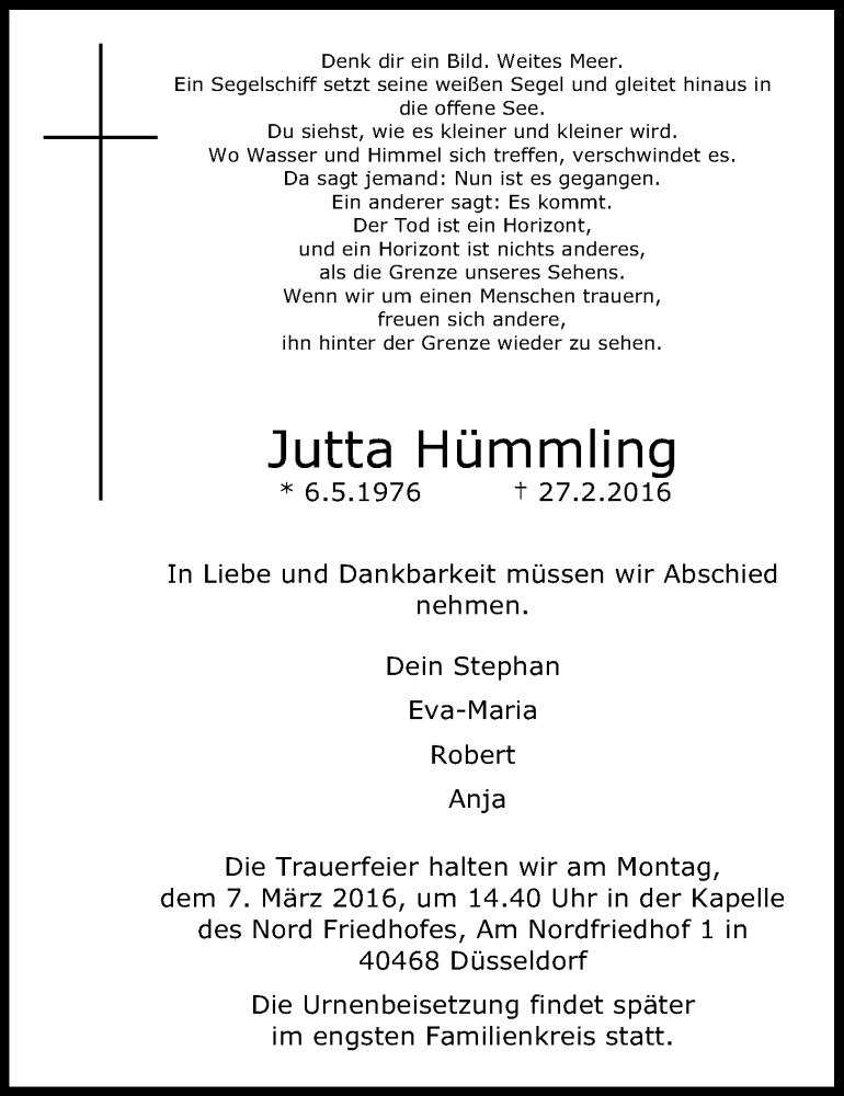  Traueranzeige für Jutta Hümmling vom 05.03.2016 aus Nordwest-Zeitung