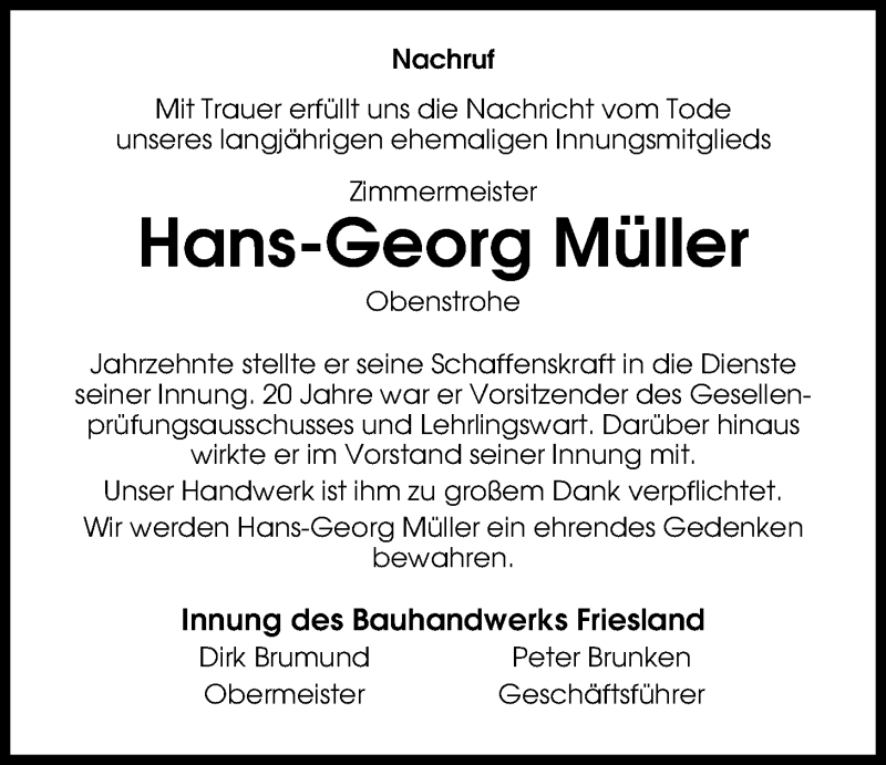  Traueranzeige für Hans-Georg Müller vom 30.03.2016 aus Nordwest-Zeitung