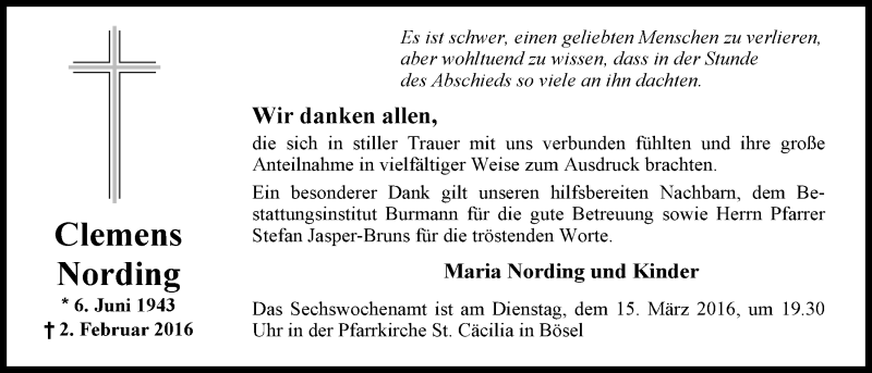  Traueranzeige für Clemens Nording vom 12.03.2016 aus Nordwest-Zeitung