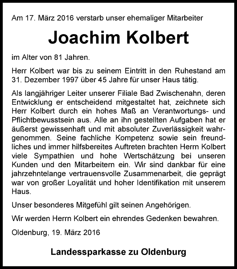 Traueranzeige für Joachim Kolbert vom 19.03.2016 aus Nordwest-Zeitung