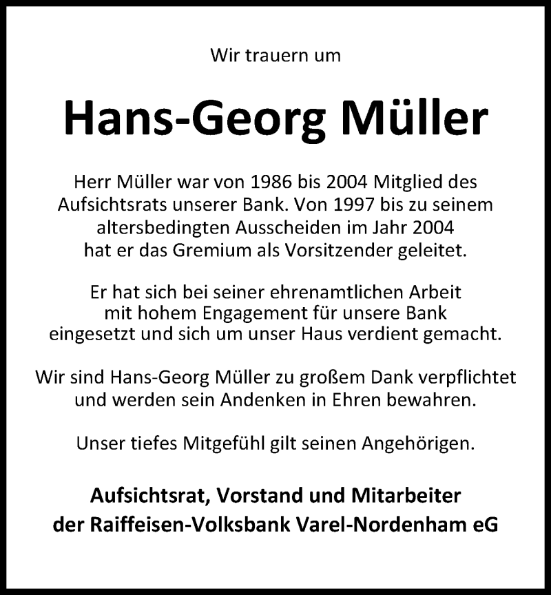  Traueranzeige für Hans-Georg Müller vom 26.03.2016 aus Nordwest-Zeitung