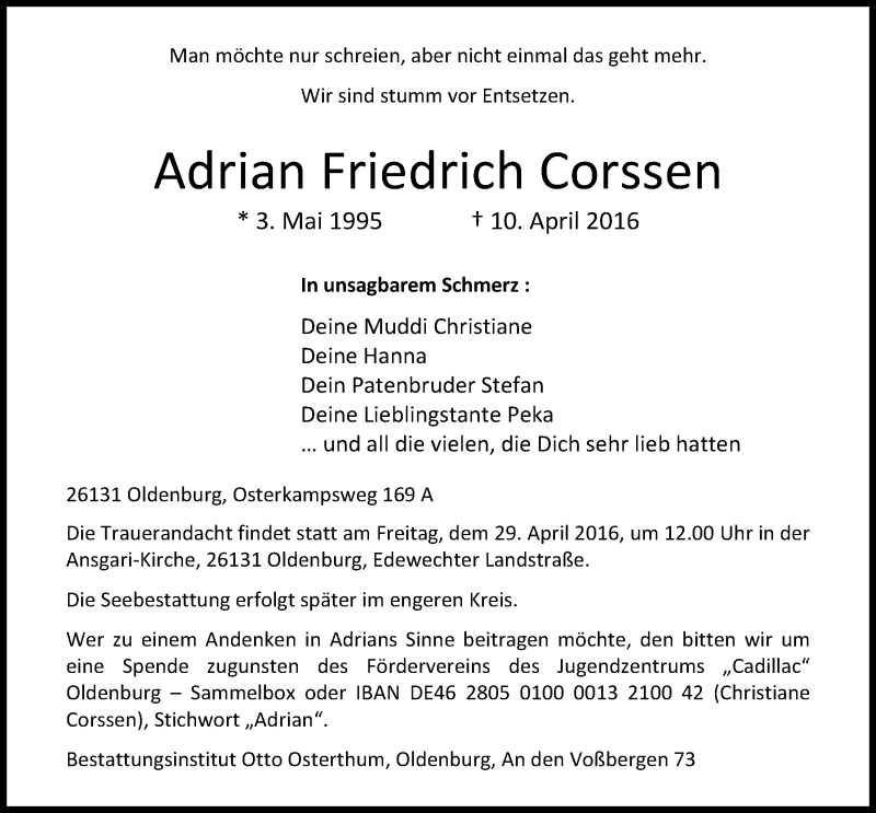  Traueranzeige für Adrian Friedrich Corssen vom 16.04.2016 aus Nordwest-Zeitung