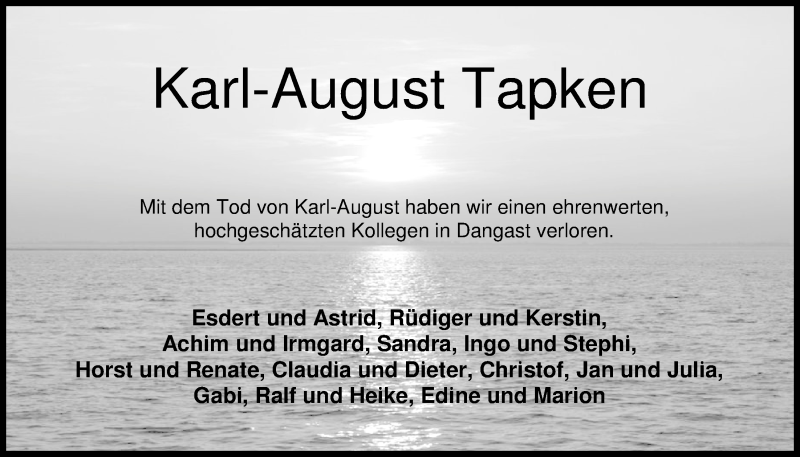  Traueranzeige für Karl-August Tapken vom 07.04.2016 aus Nordwest-Zeitung
