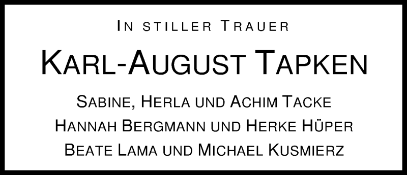  Traueranzeige für Karl-August Tapken vom 08.04.2016 aus Nordwest-Zeitung