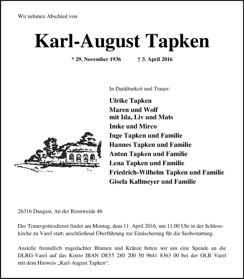  Traueranzeige für Karl-August Tapken vom 06.04.2016 aus Nordwest-Zeitung