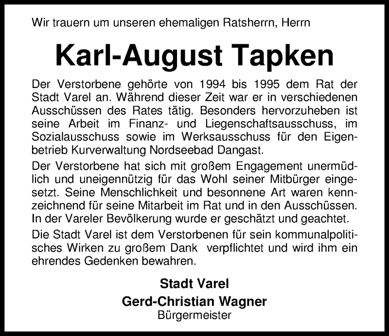  Traueranzeige für Karl-August Tapken vom 07.04.2016 aus Nordwest-Zeitung
