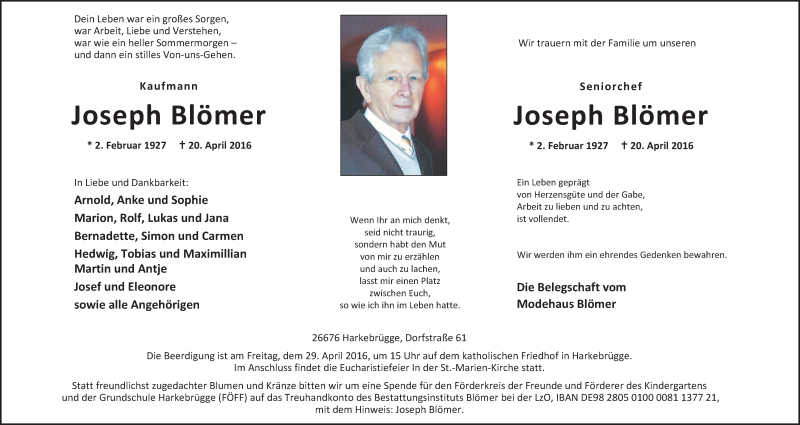  Traueranzeige für Joseph Blömer vom 23.04.2016 aus Nordwest-Zeitung